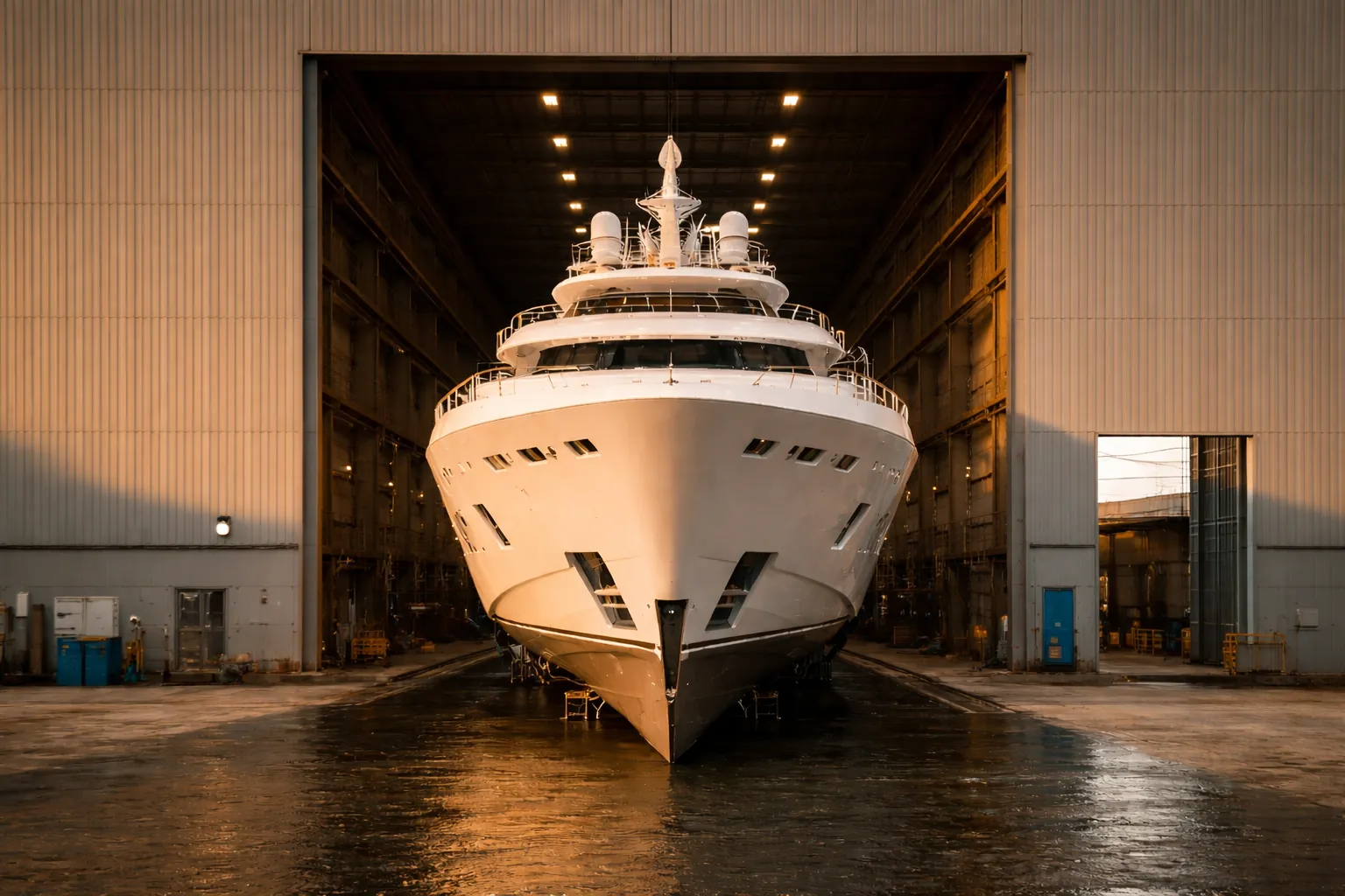 A superyacht under construction inside a shipyard hall