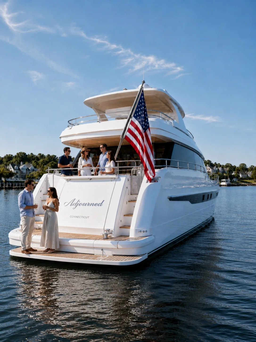 A motor yacht at anchor on a calm New England afternoon