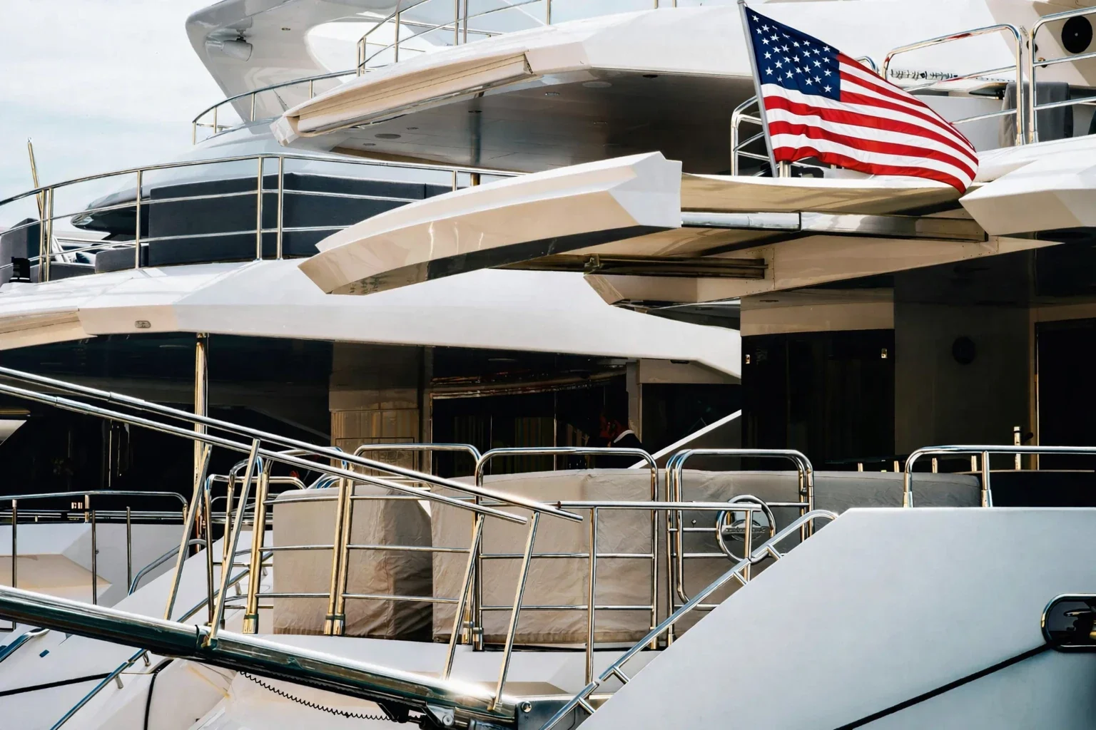 Decks of a new motor yacht flying the American flag