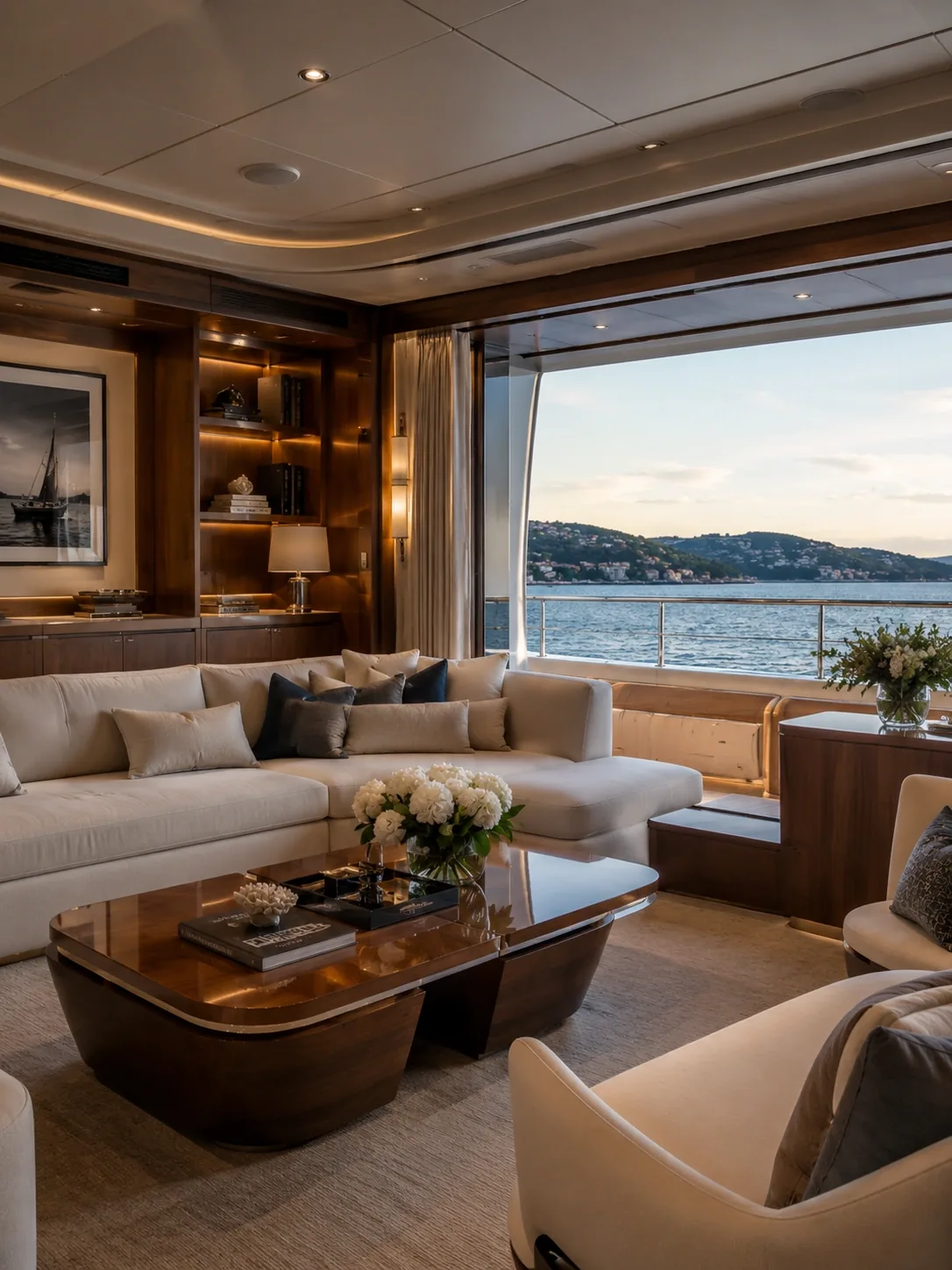 Yacht salon interior overlooking the water